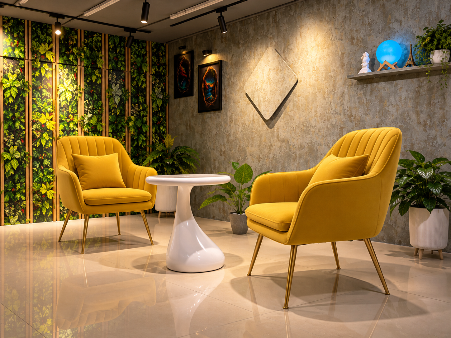 Cozy mustard chair lounge at Marspoles Studio